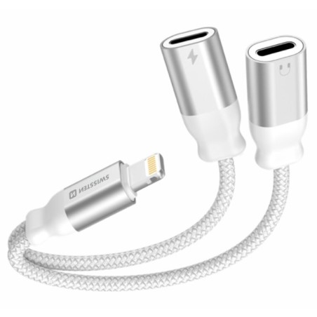Swissten nabíjecí audio adaptértextile lightning (samec) / 2x lightning (samice) 0,12 m bílý