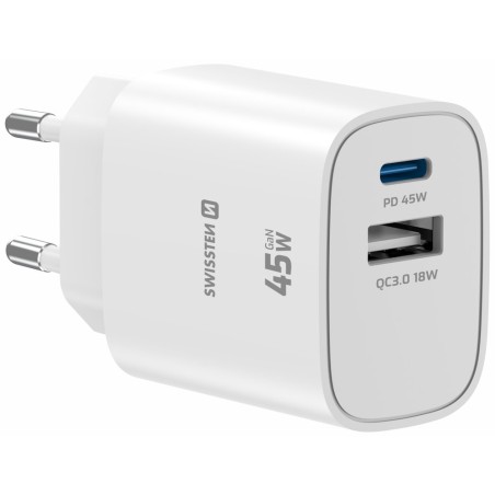 Swissten Síťový Adaptér Edge GaN 1x USB-C PD 45W + 1x USB-A 18W QC Bílý