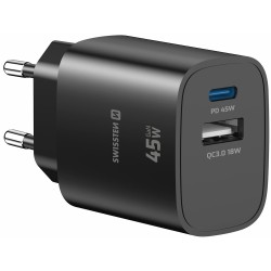 Swissten Síťový Adaptér Edge GaN 1x USB-C PD 45W + 1x USB-A 18W QC Černý