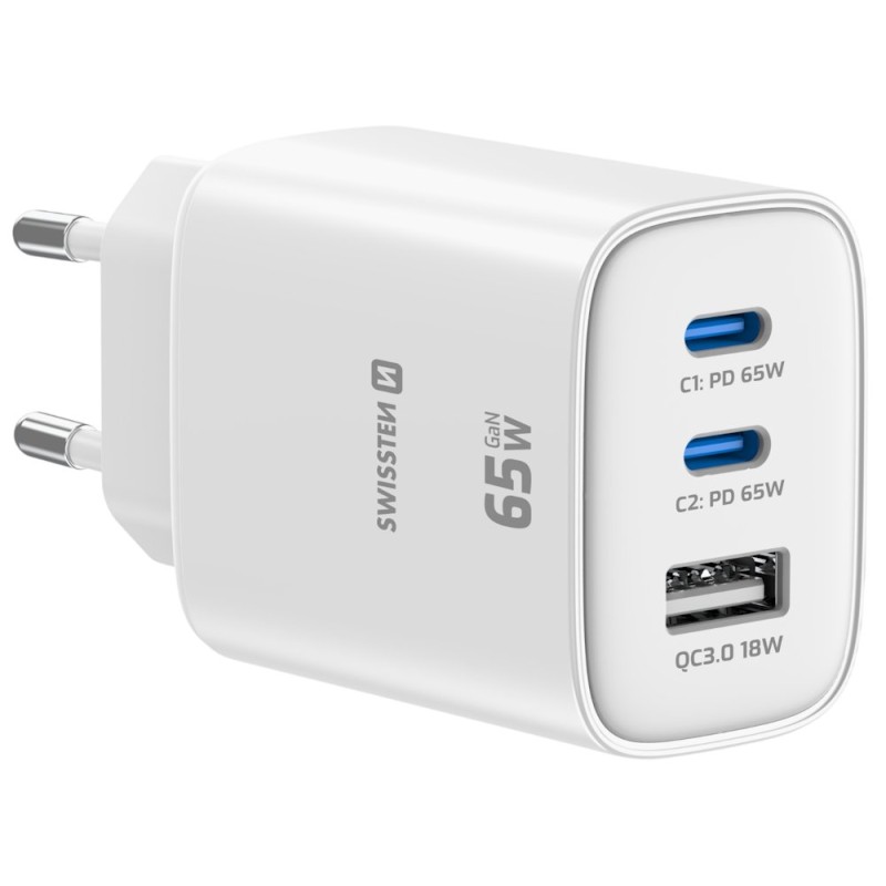 Swissten Síťový Adaptér Edge GaN 2x USB-C PD 65W + 1x USB-A 18W QC Bílý