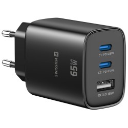 Swissten Síťový Adaptér Edge GaN 2x USB-C PD 65W + 1x USB-A 18W QC Černý