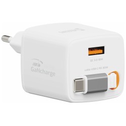 Swissten Síťový Adaptér Slidecharge GaN 30W, 1x USB-A 18W Se Zatahovacím USB-C Kabelem 0,75m Bílý