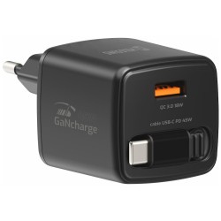 Swissten Síťový Adaptér Slidecharge GaN 45W, 1x USB-A 18W Se Zatahovacím USB-C Kabelem 0,75m Černý