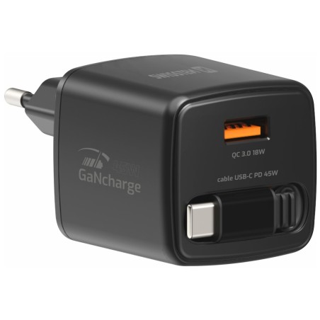 Swissten Síťový Adaptér Slidecharge GaN 45W, 1x USB-A 18W Se Zatahovacím USB-C Kabelem 0,75m Černý