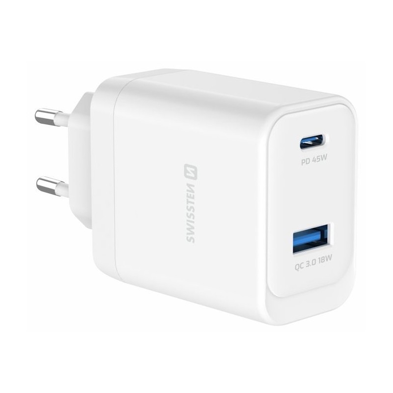 Swissten Síťový Adaptér Core GaN 1x USB-C 45W PD + 1x USB-A 18W QC Bílý