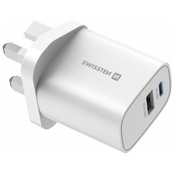 Swissten Síťový Adaptér Edge GaN 1x USB-C PD 35W + 1x USB-A 18W QC, Pro UK Zásuvku Bílý