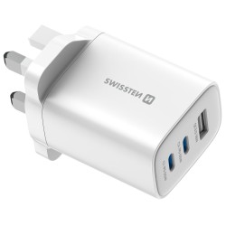 Swissten Síťový Adaptér Edge GaN 2x USB-C PD 65W + 1x USB-A 18W QC, Pro UK Zásuvku Bílý