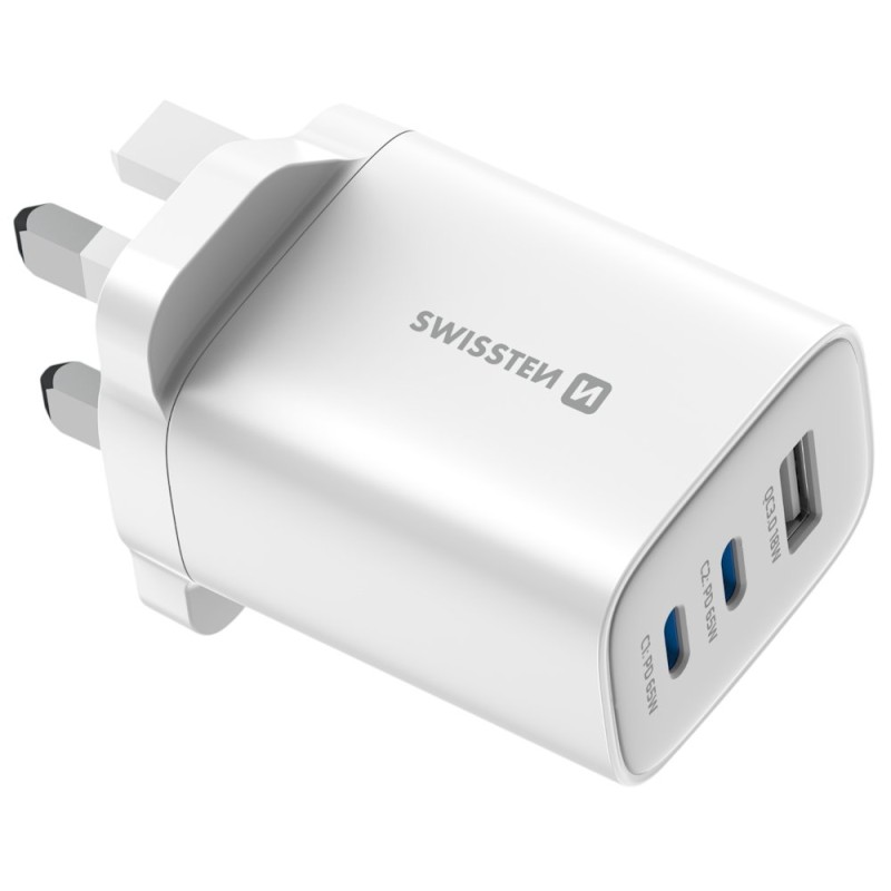 Swissten Síťový Adaptér Edge GaN 2x USB-C PD 65W + 1x USB-A 18W QC, Pro UK Zásuvku Bílý
